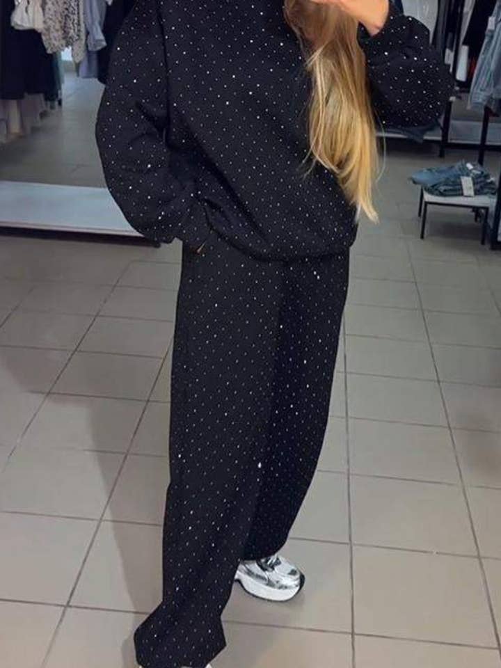 Rosa Clothing - Wholesale Top & Pant Set (NOT Loungewear) - Women's - Allover Rhinestone sweatshirt wide leg Leisure set2