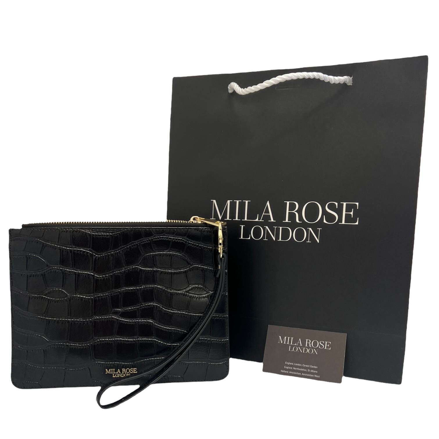 Mila Rose London - Vente Pochette – femme - Pochette en cuir noir imprimé crocodile Cadeau de Noël9