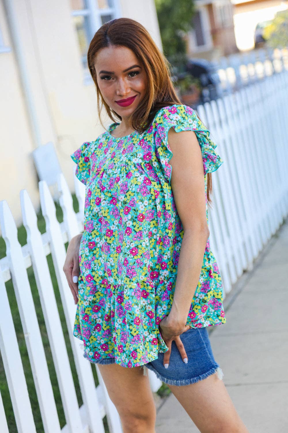 Promenade - Wholesale Blouse - Women's - All For You Mint Floral Yoke Flutter Sleeve Keyhole Back Top (Open Pack)2