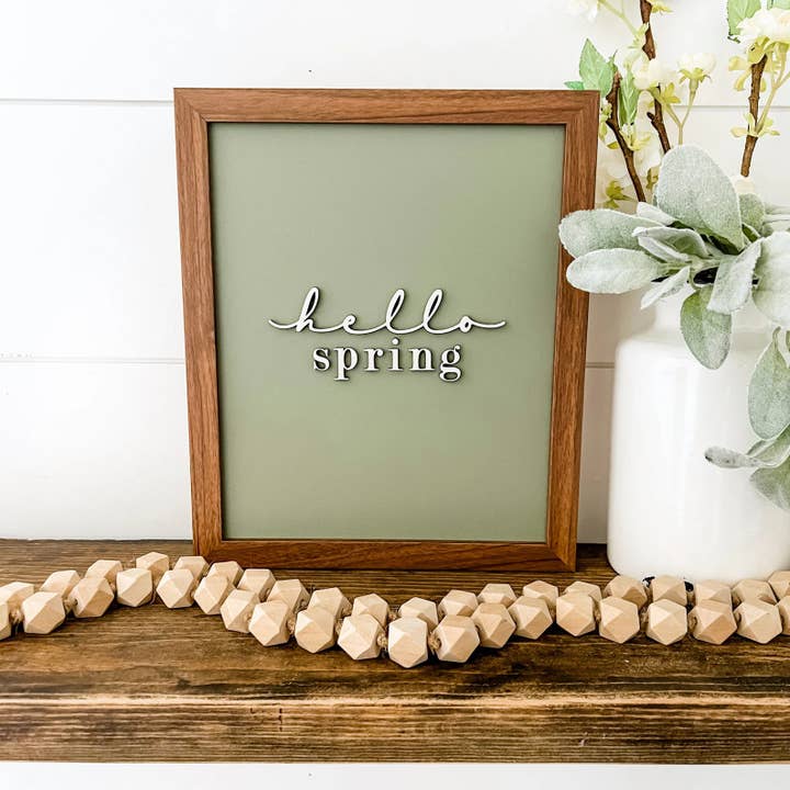 Hello Spring Green Background Laser Cut Sign for wholesale by WillowBee Signs & Designs