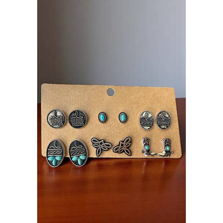 Burnished Silver WESTERN BOOT STITCH MIX POST EARRING SET for wholesale on Faire