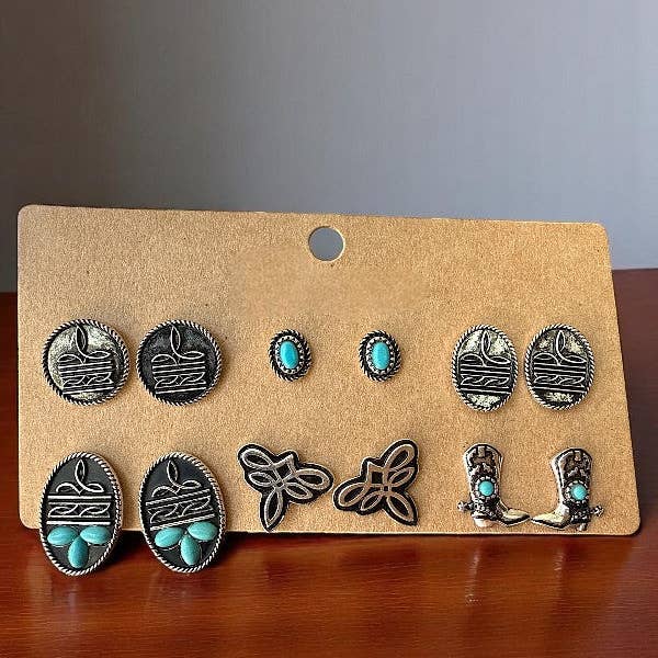 Argent bruni Ensemble de 6 paires de boucles d’oreilles clous avec motif bottes western et gemme turquoise en vente sur Faire1