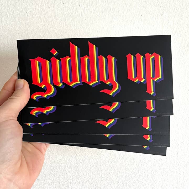 Giddy Up Rainbow Bumper Sticker for wholesale by Kirsten Bauer