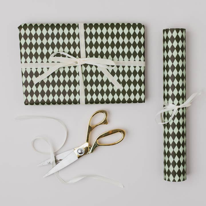 DIAMOND GREEN HARLEQUIN LUXURY GIFT WRAP PATTERNED PAPERS for wholesale by Katie Housley
