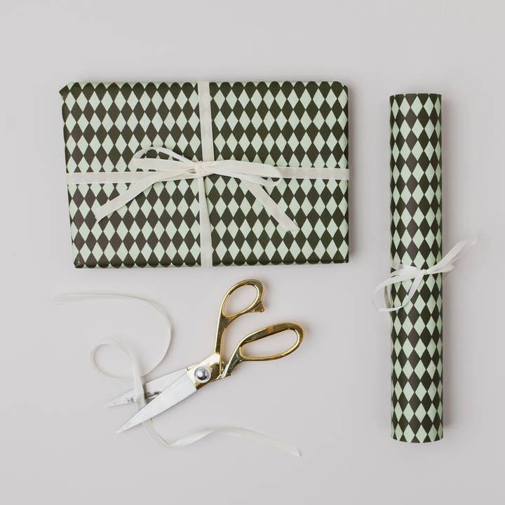 DIAMOND GREEN HARLEQUINÂ LUXURY GIFT WRAP PATTERNED PAPERS for wholesale by Katie Housley