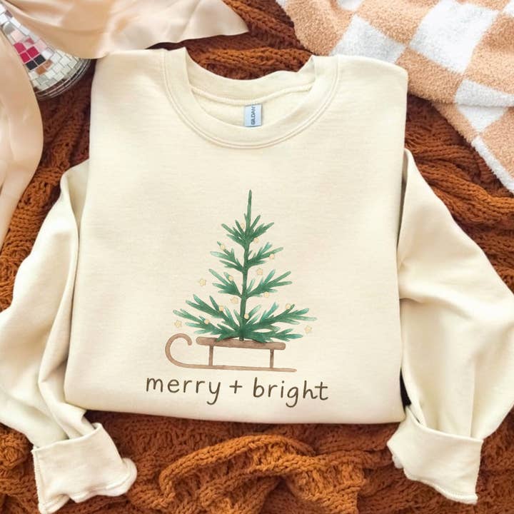Posh Magnolia Boutique - Wholesale Graphic sweatshirt – Women’s - Merry + Bright Christmas Tree Festive Christmas T-shirt 3