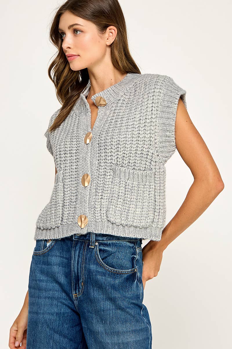 Miss Love - Wholesale Sweater Vest - Women's - CHUNKY KNIT BUTTON-FRONT VEST TOP24