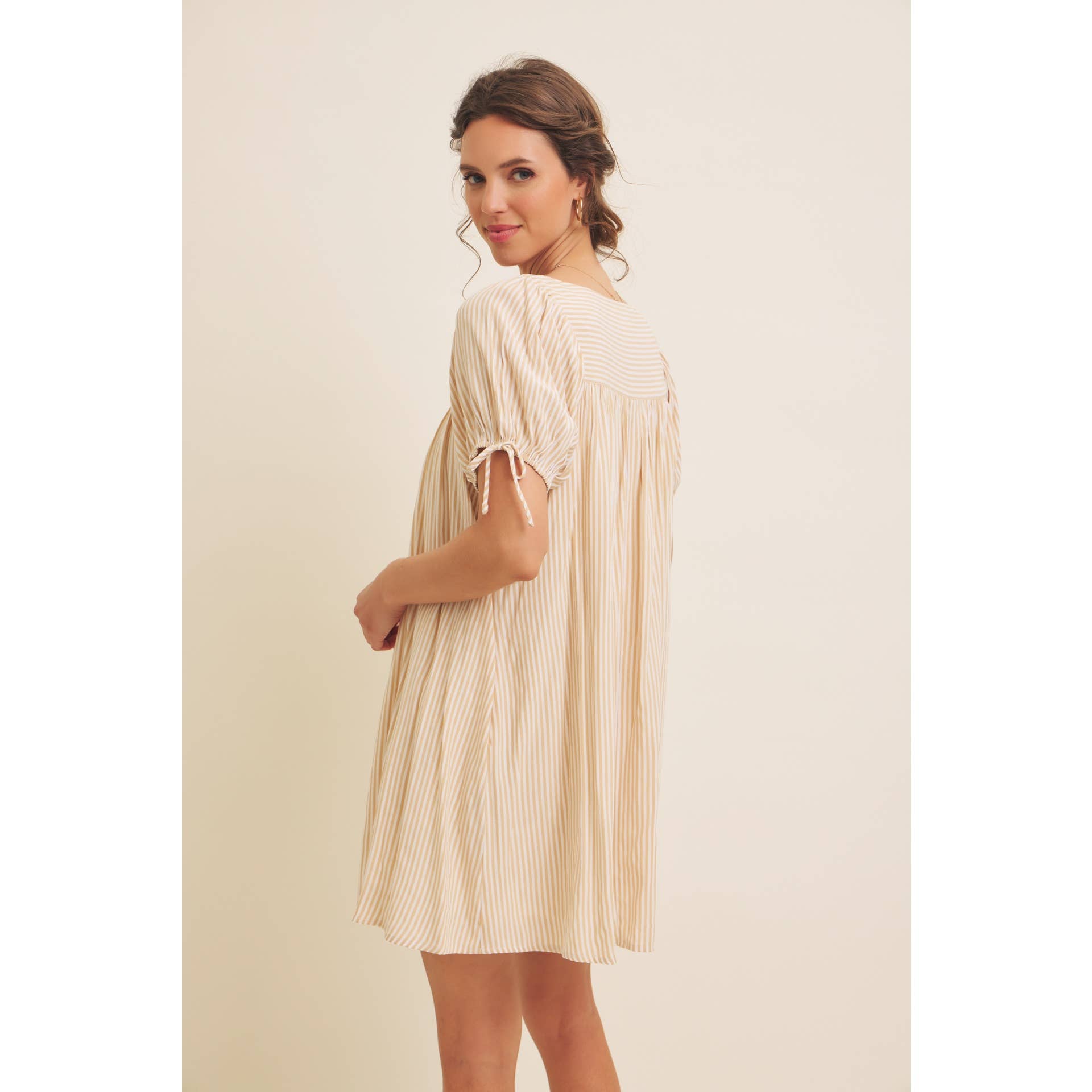 in february - Wholesale Dress - Women's - SQUARE NECK STRIPE FLARE MINI DRESS WITH BOW ON THE SLEEVES26