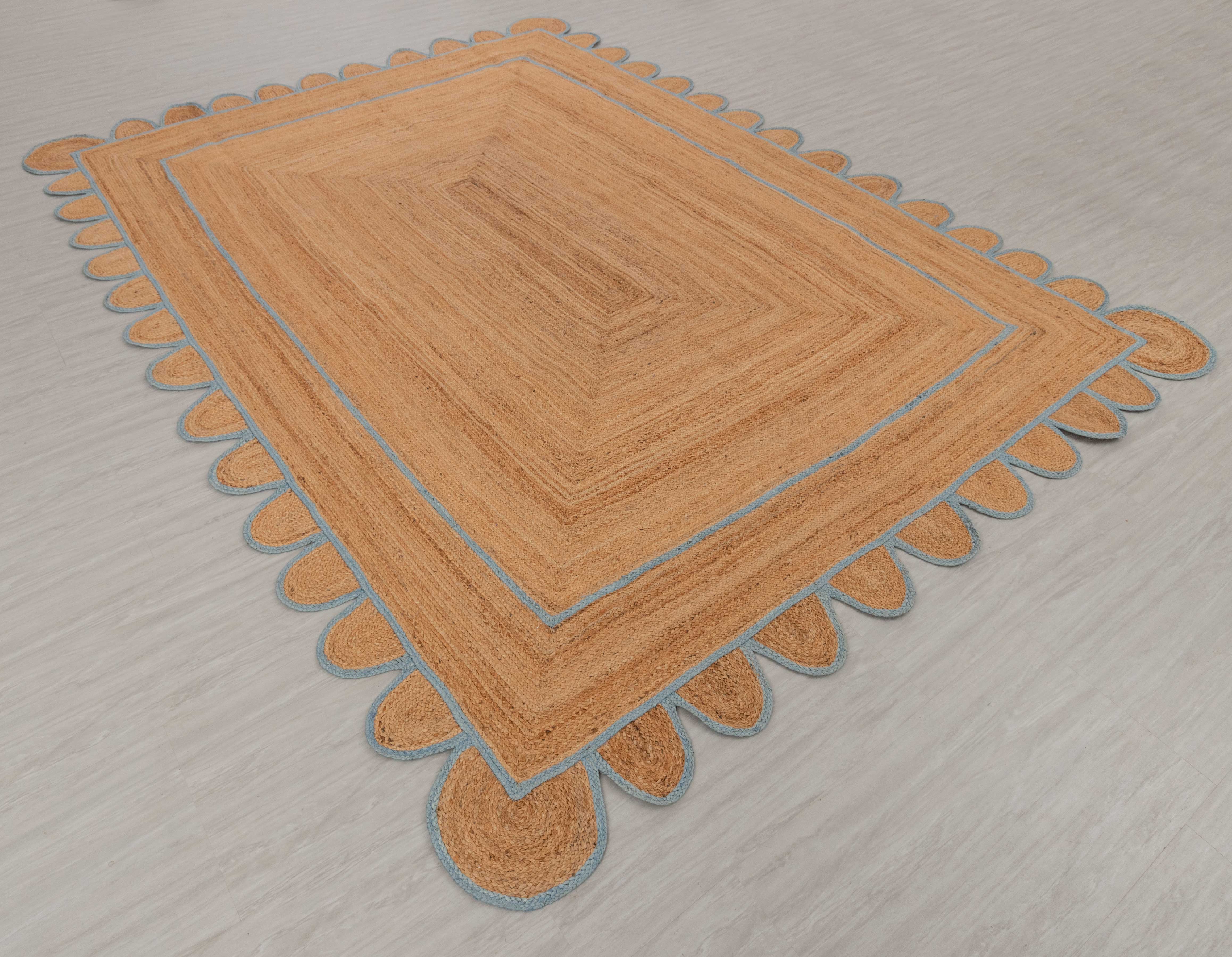 Aesthetic Homes LLC - Wholesale Area Rug - Light Blue Scalloped Jute Boho Rug – Custom Size/Shape3