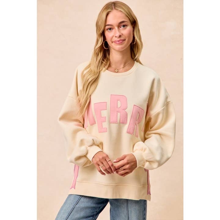 Sweat-shirt en molleton de Noël avec nœuds latéraux joyeux et patchs. pour la vente par IVE