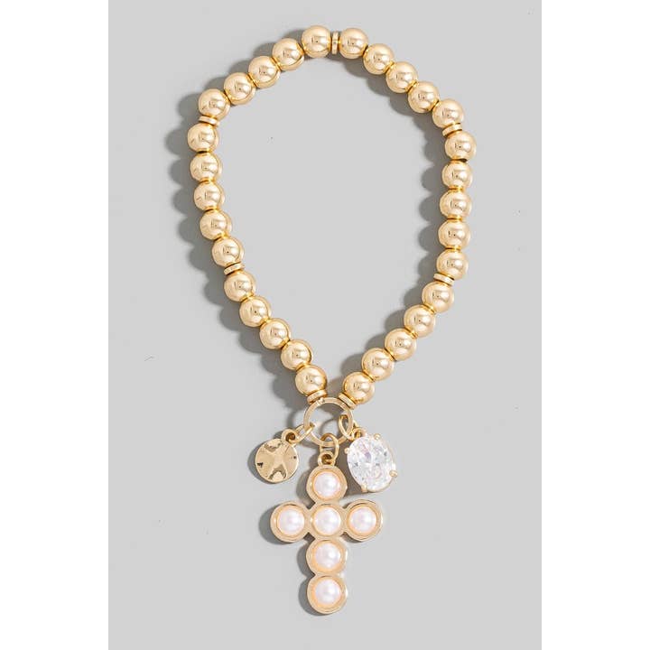 The Looks by Fame Accessories - Wholesale Beaded Bracelet - Cross And Rhinestone Gem Charms Metallic Beaded Bracelet3