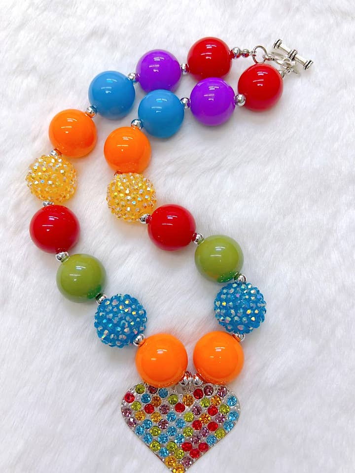 MULTI-COLOR BUBBLE NECKLACE WITH RHINESTONE HEART PENDANT. 3PCS/$12.00 XL-02160 for wholesale by Kids Charm Online