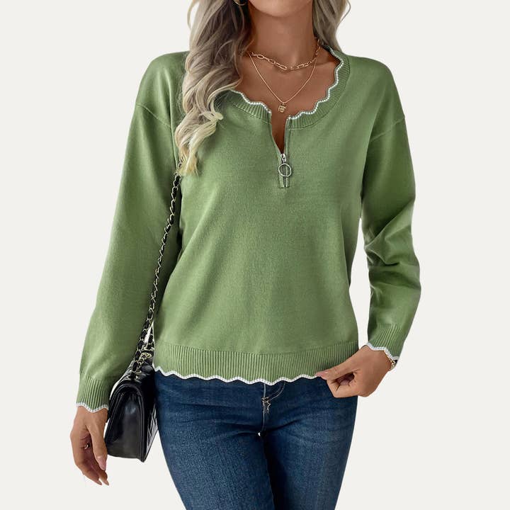 Verde salvia Adorabile maglione in maglia a maniche lunghe con zip verde salvia in vendita all'ingrosso su Faire