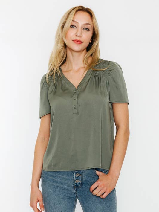 V NECK SMOCKED FLARE SLEEVE TOP - FT31398 for wholesale by Calista