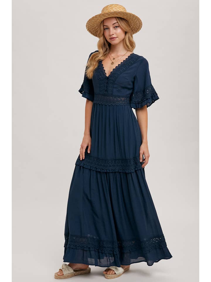 Bluivy - Wholesale Dress - Women's - V-NECK LACE TRIM MAXI DRESS