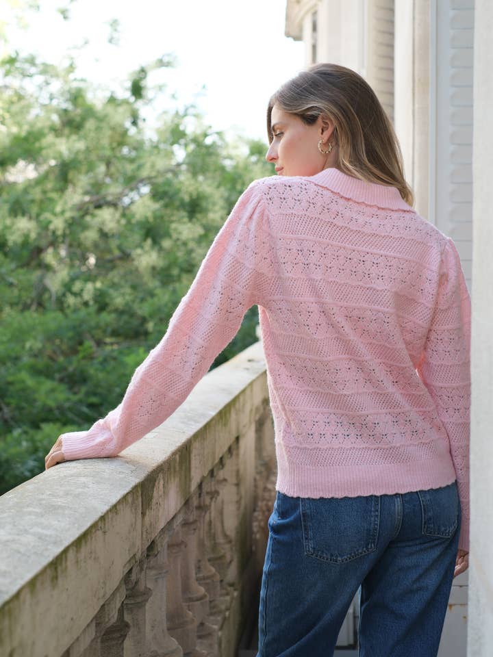 LOVIE & CO - Wholesale Knit Sweater - Women's - Openwork knit sweater with buttoned polo collar - 258286-LEILA5