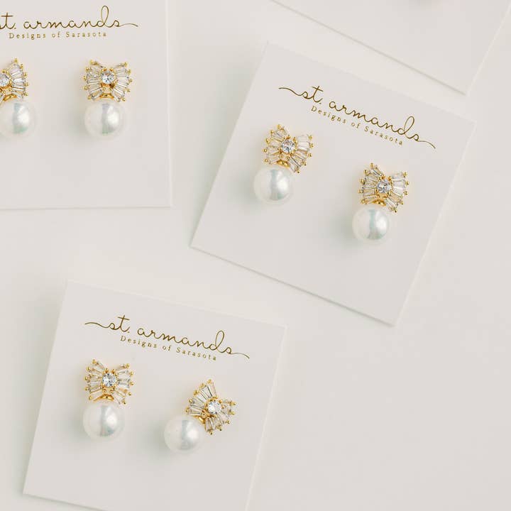 St Armands Designs of Sarasota - Wholesale Dangle Earrings - Gold Pearl Sparkler Holiday Statement Bow Earrings4