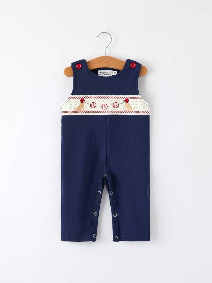 Rylee Faith Designs - Wholesale Jumpsuit - Baby - Baby Boys Romper – Dog Baseball Smocking Embroidery Outfit