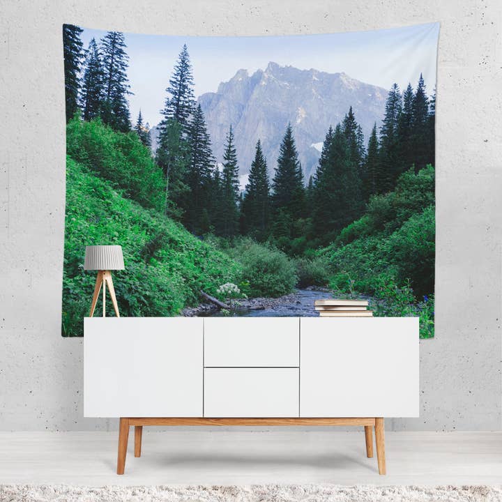 Lush Montana Valley Wall Tapestry, Mountains Forest Decor for wholesale by lostkatphoto