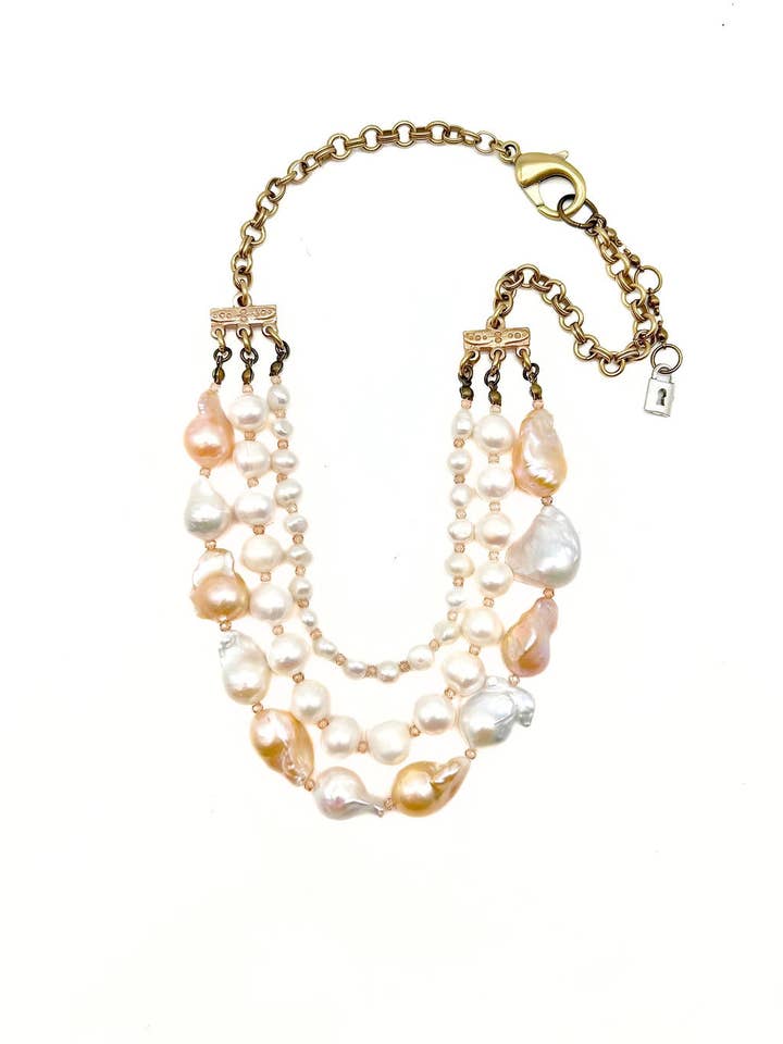 Triple strand pearl necklace with bronze connectors, N443 for wholesale by Lock and Key