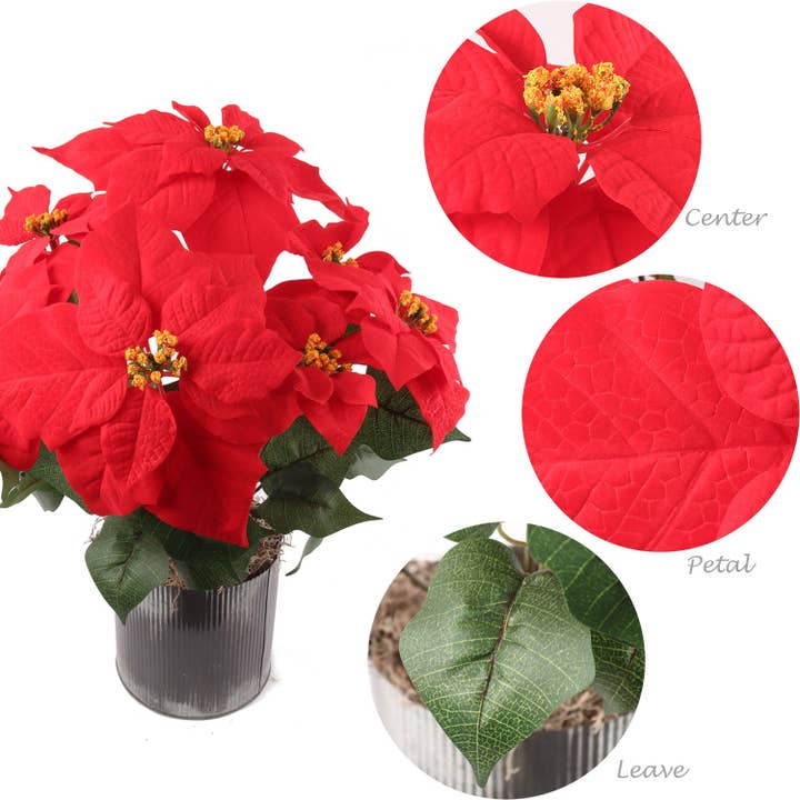 Larksilk – wholesale Konstgjorda blommor – Röd sammet julstjärna buske, 7 sidenblommor, 20 tum, set om 2