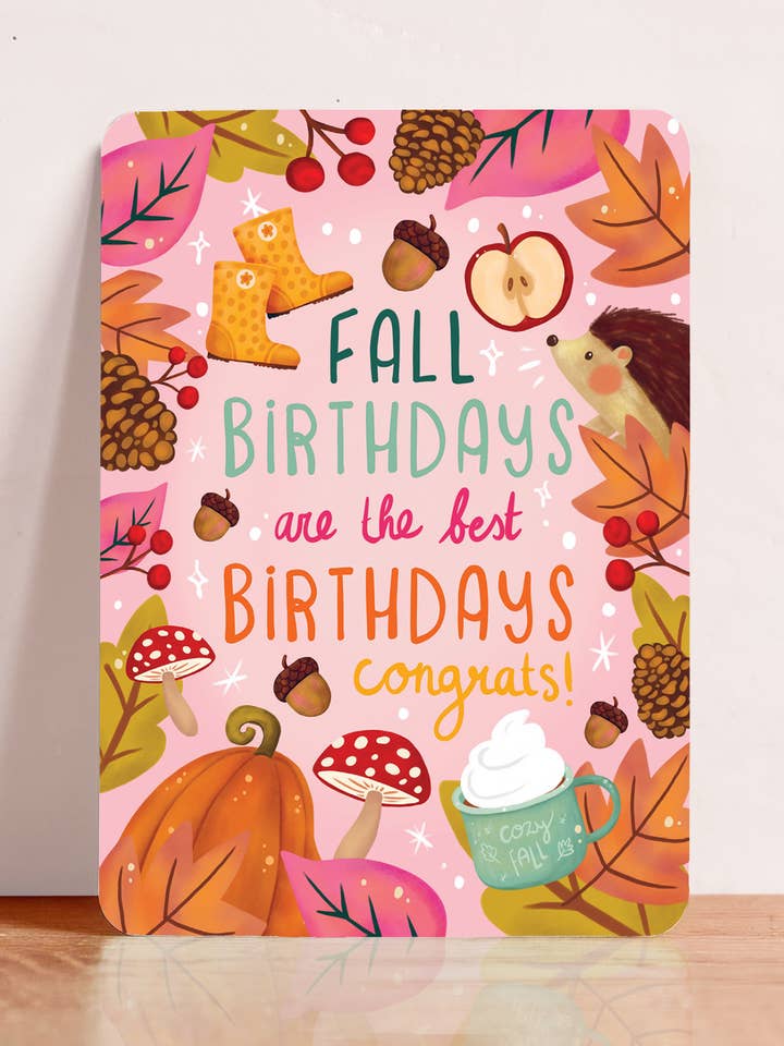 Cartolina di auguri di compleanno autunnale con fungo per la vendita all'ingrosso da parte di Aniet Illustration