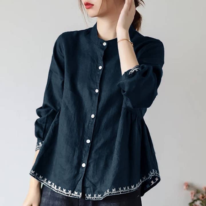 UZ Wholesale Store - Wholesale Button Down Shirt - Women's - Solid Color Loose Fit Plus Size Stand Collar Shirt
