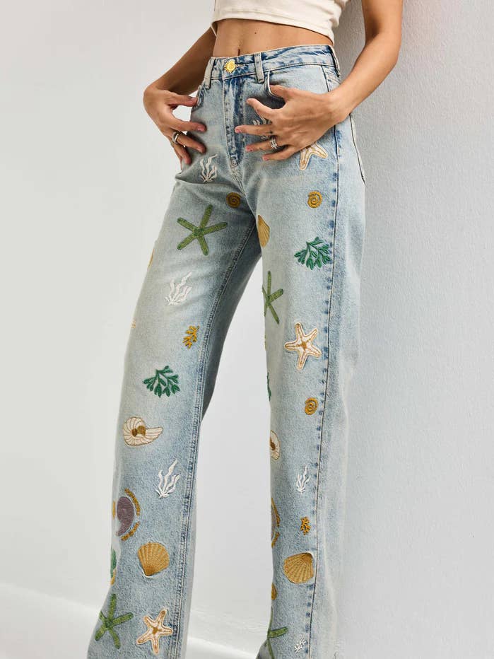 Sjöhästbroderade vida jeans för kvinnor - Sjöstjärna för wholesale av DesignofBoho