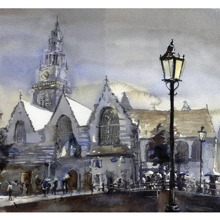 Old Church in Amsterdam. Watercolor painting of Amsterdam church- Netherlands art home decor church Amsterdam Netherlands painting art (print) for wholesale by Ryan Fox Fine Art