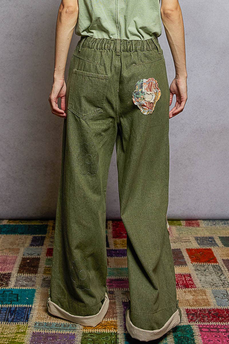 Pol Clothing - Wholesale Pants - Women's - Floral Patchwork Rolled-up Denim Straight Pants17