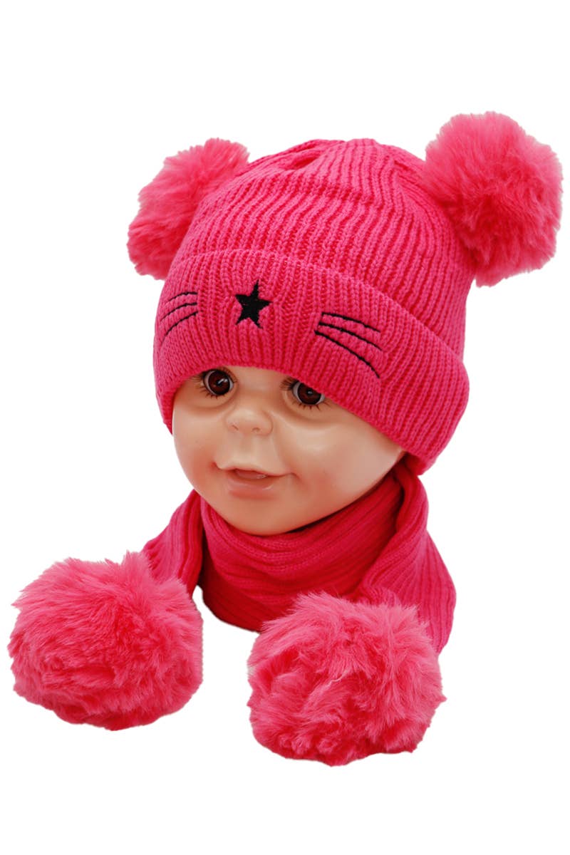 Cap Zone - Wholesale Beanie - Kids - Kids 2 Piece Kitty Cat Whiskers Pom Pom Beanie Scarf Set6