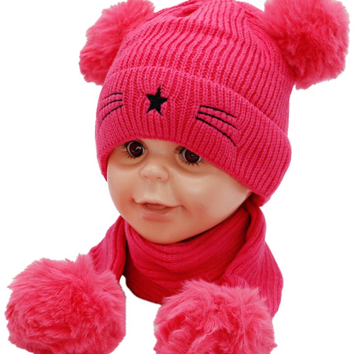 Cap Zone - Wholesale Beanie - Kids - Kids 2 Piece Kitty Cat Whiskers Pom Pom Beanie Scarf Set6