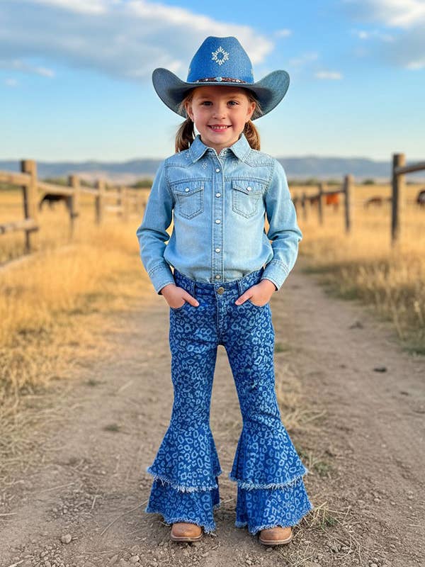 Dark blue cheetah print double flare bell bottoms DLH2522 for wholesale by luluclothes