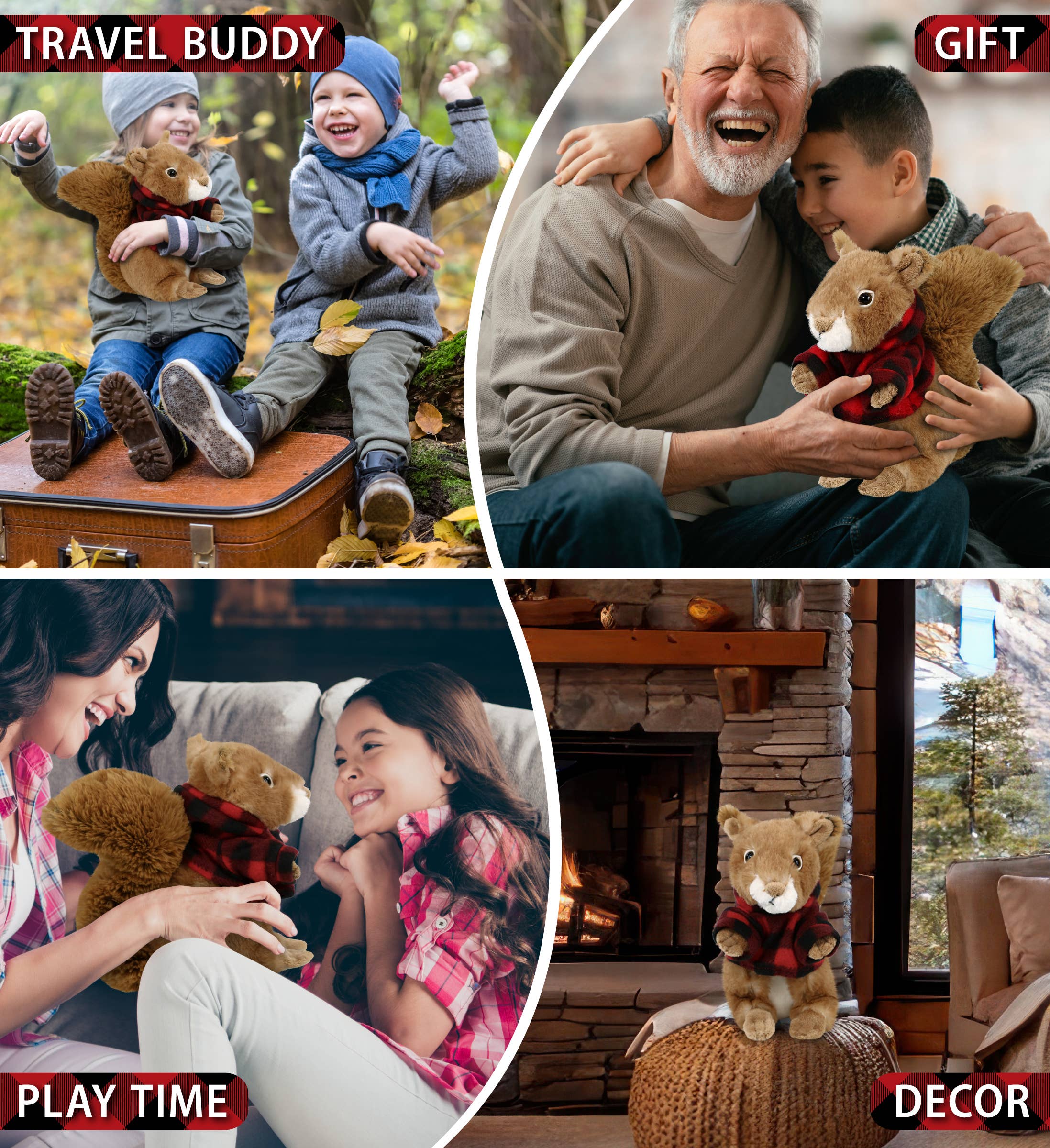 Cota Global - Wholesale Stuffed/Plush Toy - Kids & Baby - Plush Red Plaid Hoodie - Super Soft Plush - Squirrel3