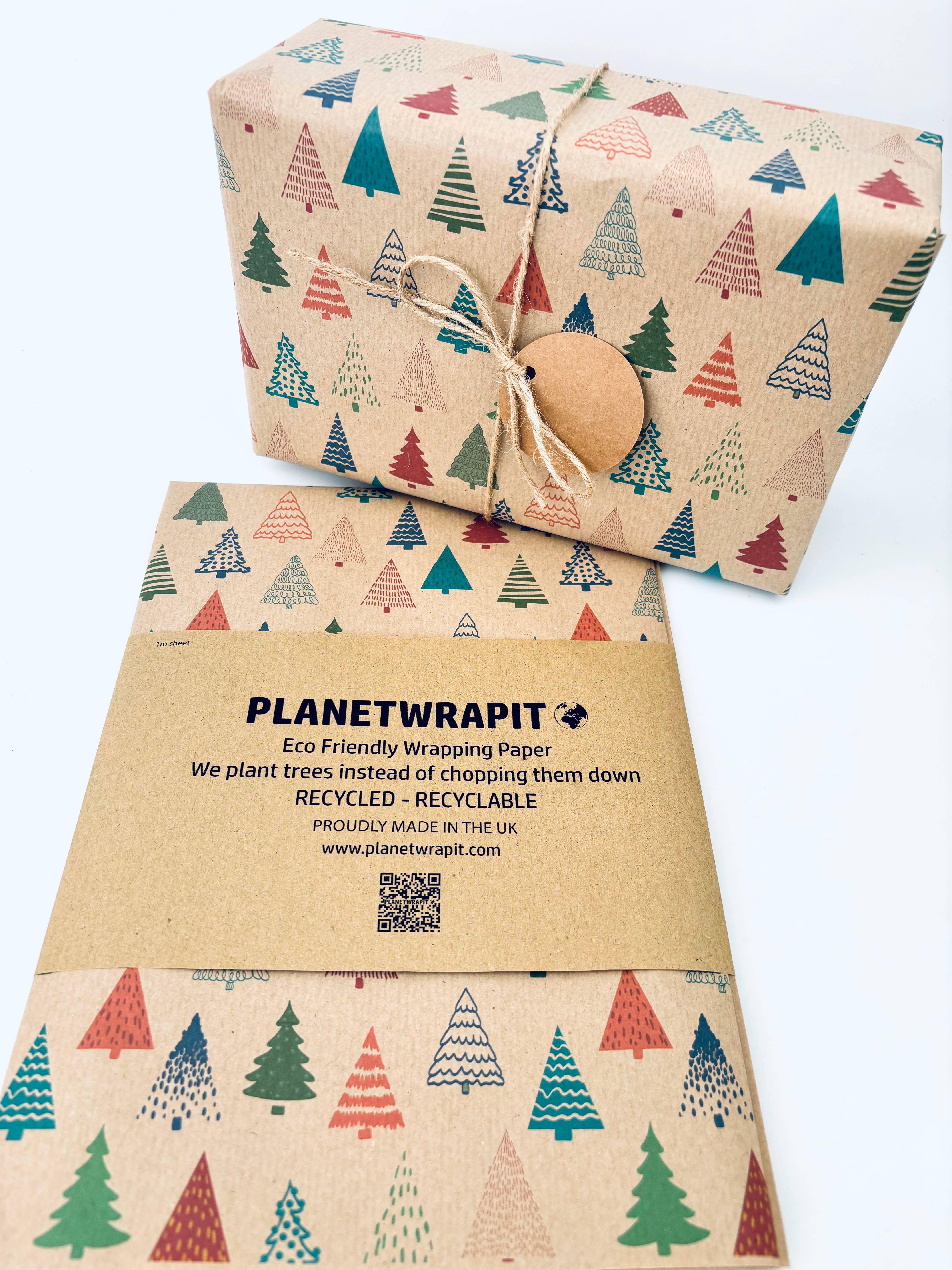 PlanetWrapIt - Wholesale Wrapping Paper Roll - Colourful Christmas Trees Recycled Kraft Gift Wrapping Paper3