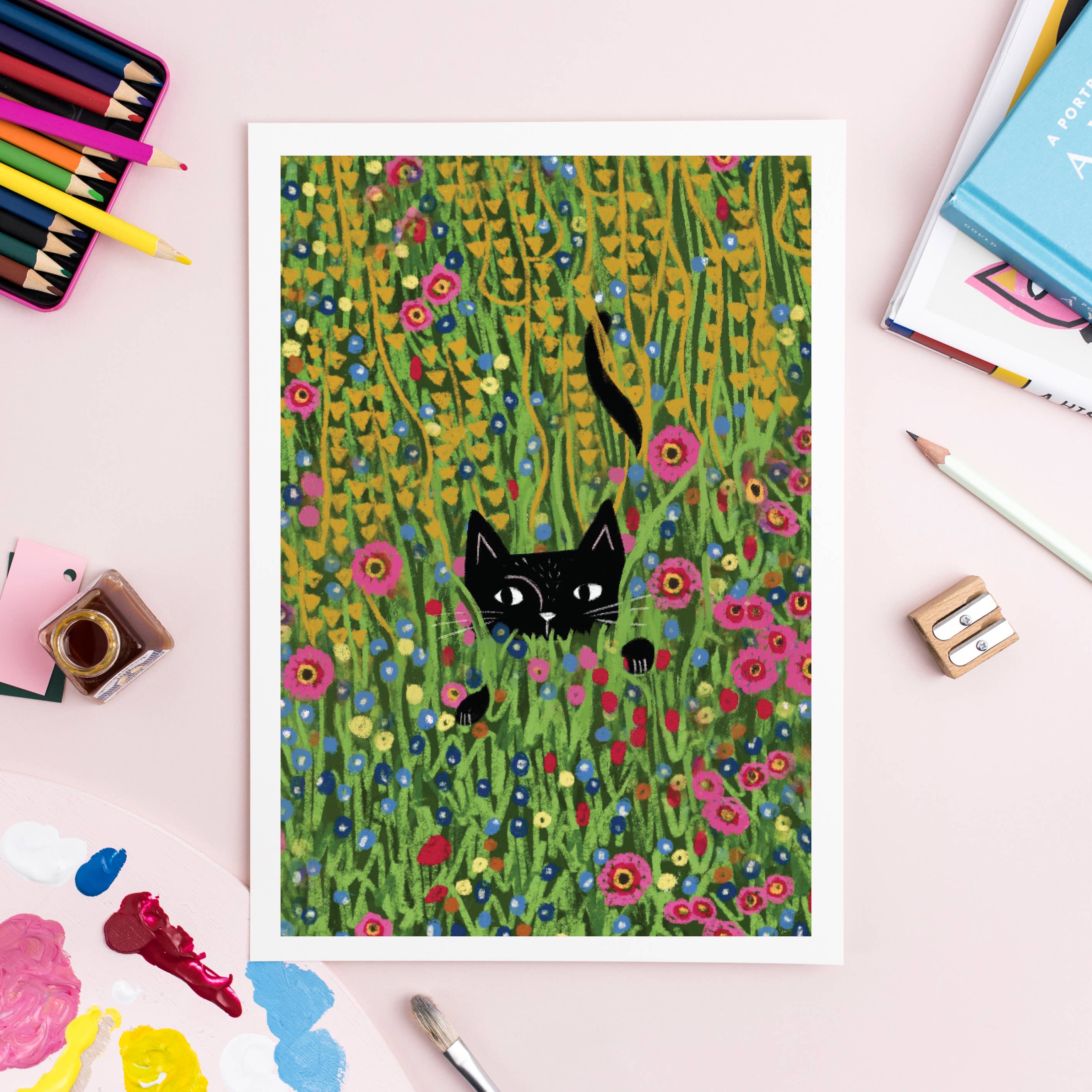 Niaski - Feline Fine Art (USA DUTIES PAID) – wholesale Art print – Cat hiding in a Klimt Garden Print1