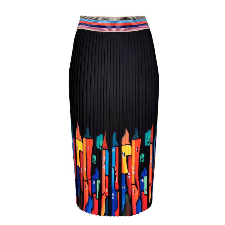 Black Midi Pleated Skirt With Colorful House Prints for wholesale by Lalipop Design