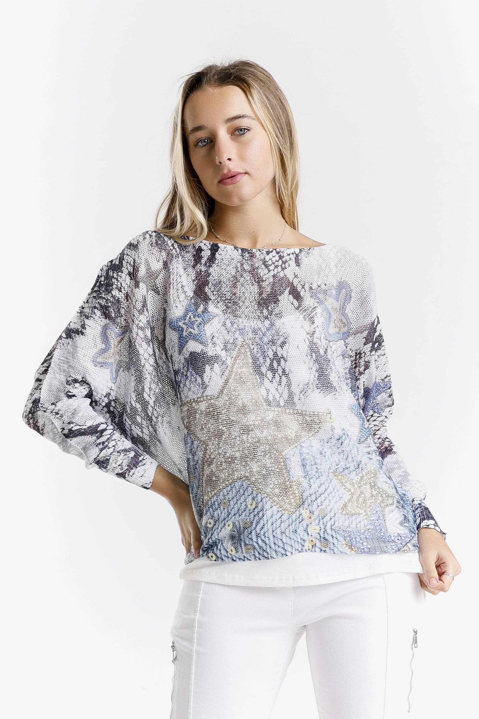 400 Blu Maglione a maglia aperta con maniche a pipistrello Snake Star Danielle (BLS424TS) in vendita all'ingrosso su Faire1