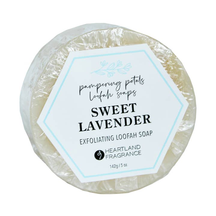Pampering petals Sweet Lavender loofah soap for wholesale by Heartland Fragrance
