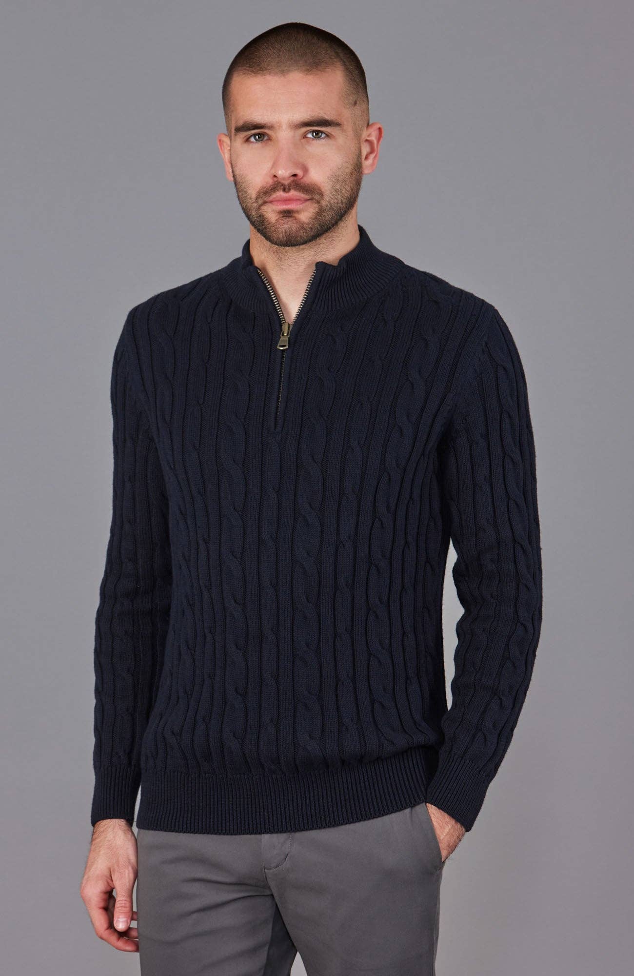 Paul James Knitwear – wholesale Knitted jumper – Men′s – Mens Midweight Cotton Cable Zip Neck Jumper8