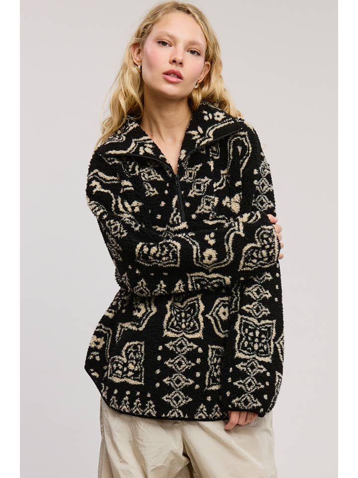 Black Paisley Patchwork Print Sherpa Pullover for wholesale on Faire
