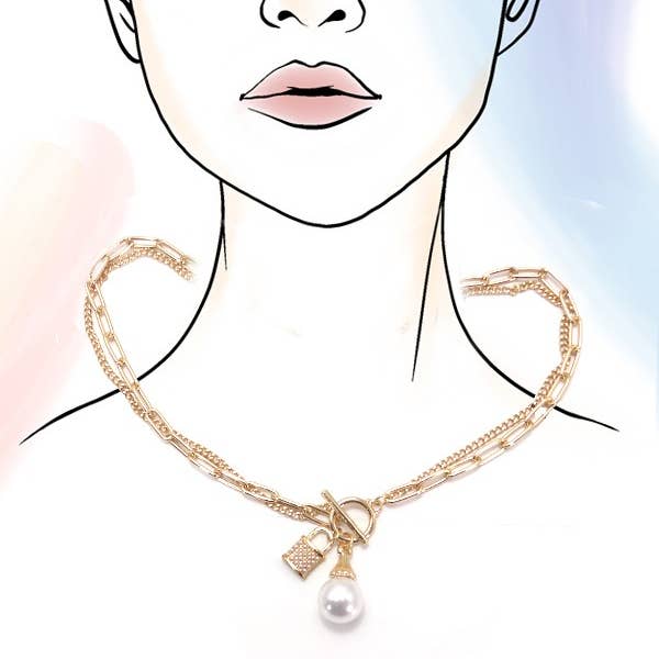 Gold PEARL LOCK CHARM DOUBLE LAYER TOGGLE NECKLACE | 31N24104NECK for wholesale on Faire