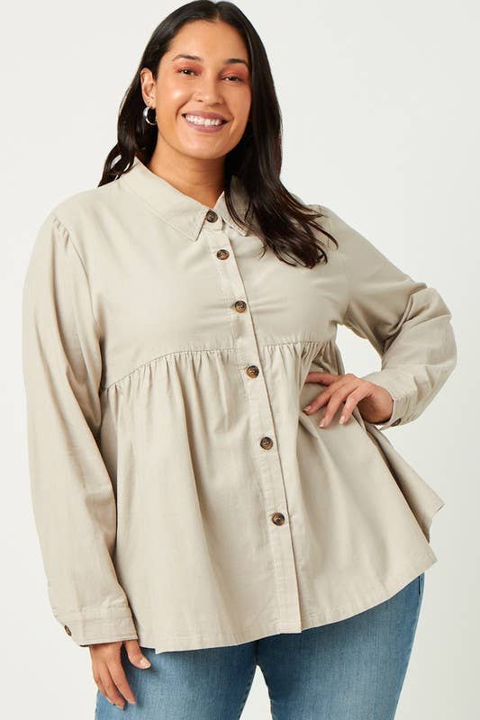 Lemon Tree - Wholesale Button Down Shirt - Women's - Plus Corduroy Button Up Peplum Shirt2
