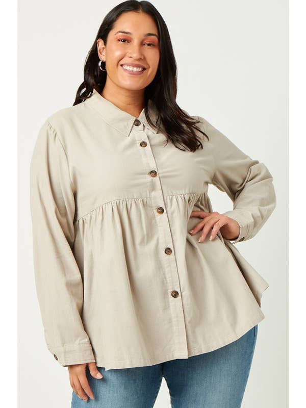 Lemon Tree - Wholesale Button Down Shirt - Women's - Plus Corduroy Button Up Peplum Shirt2