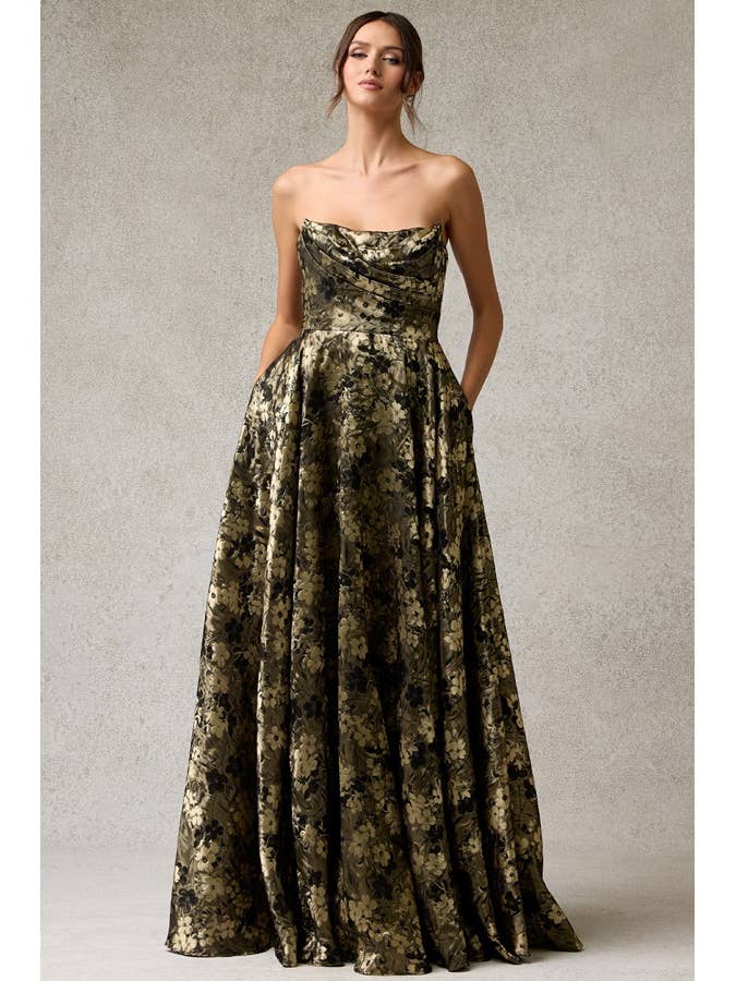 Strapless Bateau Neckline Jacquard Print Dress for wholesale by Babyfox Apparel