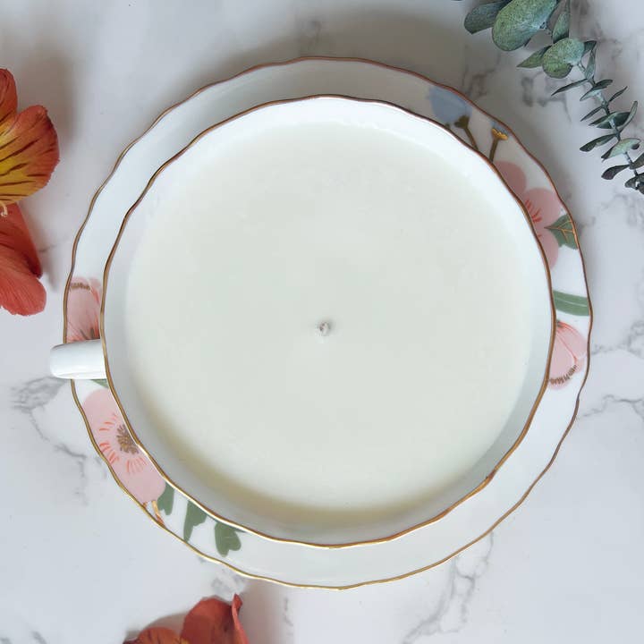 NEW Mimosa Blossom & Nectarine teacup candle for wholesale by Dot & Lil