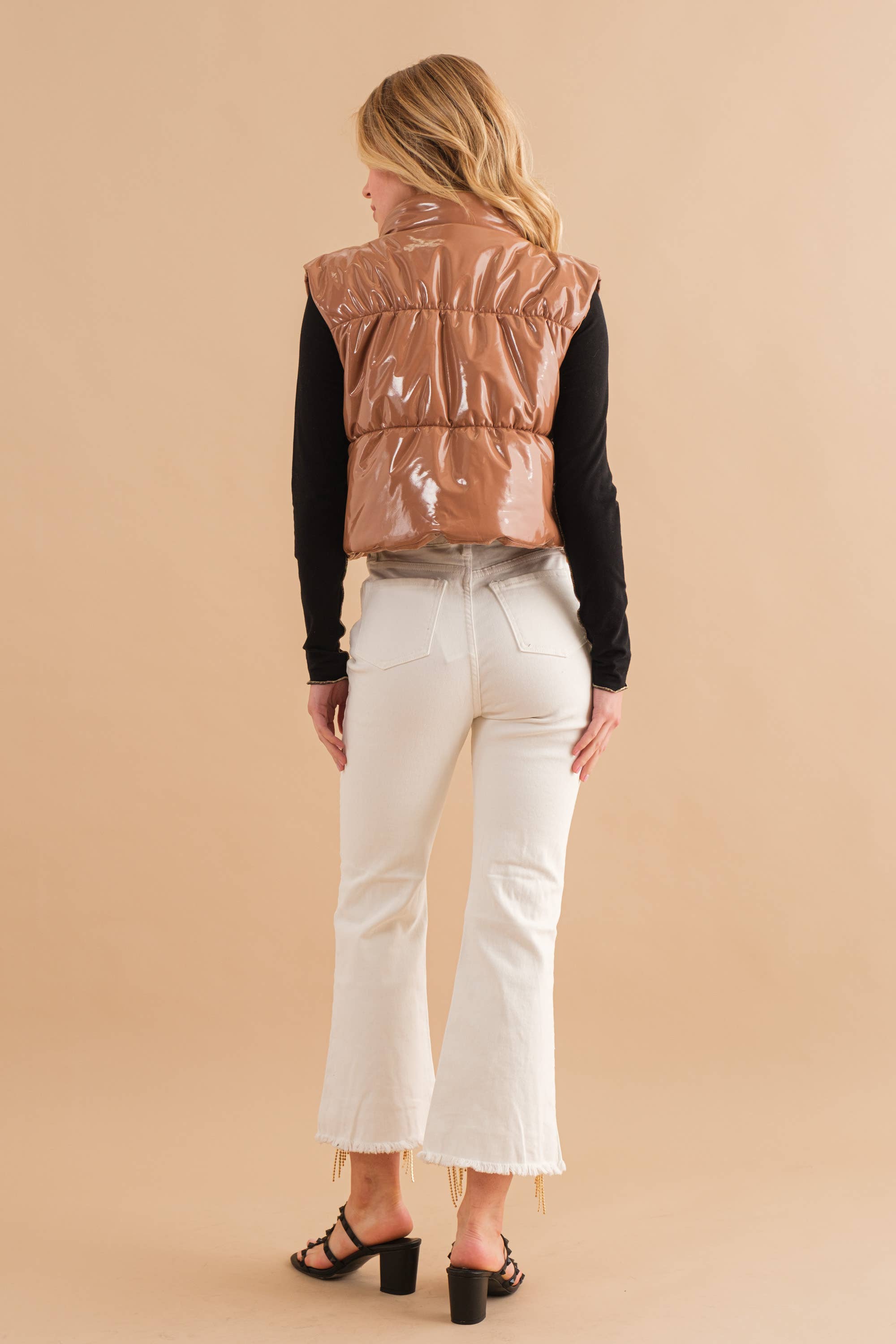 Blue B - Wholesale Outerwear Vest - Women's - 22656J - Gloss Shiny PU Quilted Puffer Zip Up Crop Vest35