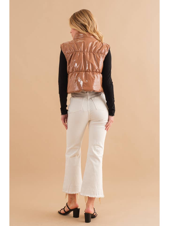 Blue B - Wholesale Outerwear Vest - Women's - 22656J - Gloss Shiny PU Quilted Puffer Zip Up Crop Vest35