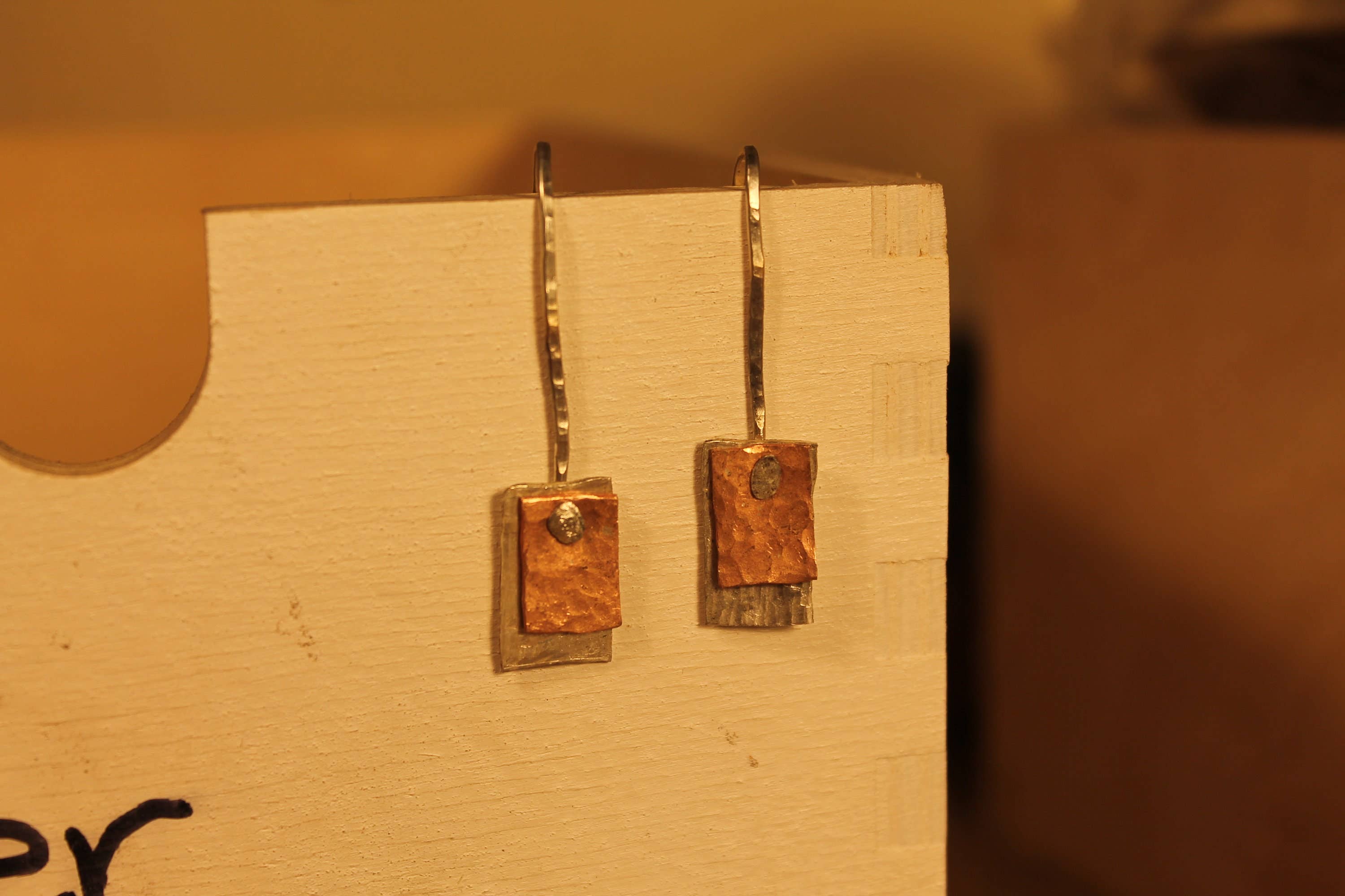 The Wonky Jewellery Company – wholesale Dangle earrings – Silver and copper drop earrings, hammered silver jewellery.1