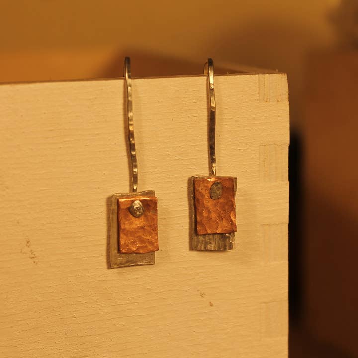 The Wonky Jewellery Company – wholesale Dangle earrings – Silver and copper drop earrings, hammered silver jewellery.1